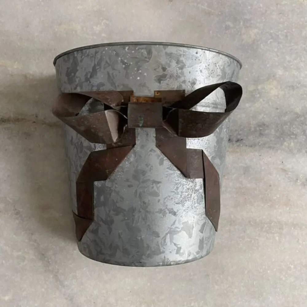 Galvanized Gray Metal Wall Pocket Vase Vintage Rustic Farm Hanging Planter Bow